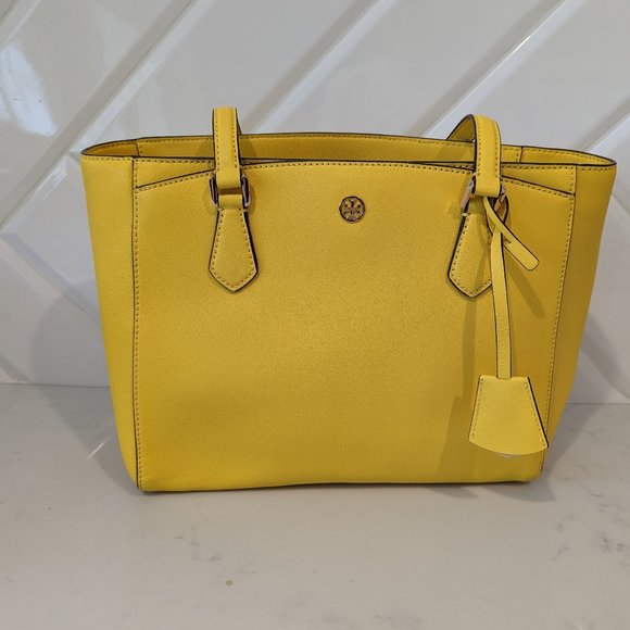 TORY BURCH Robinson Textured Lemon Drop Leather Small Tote Bag - Picture 1 of 6